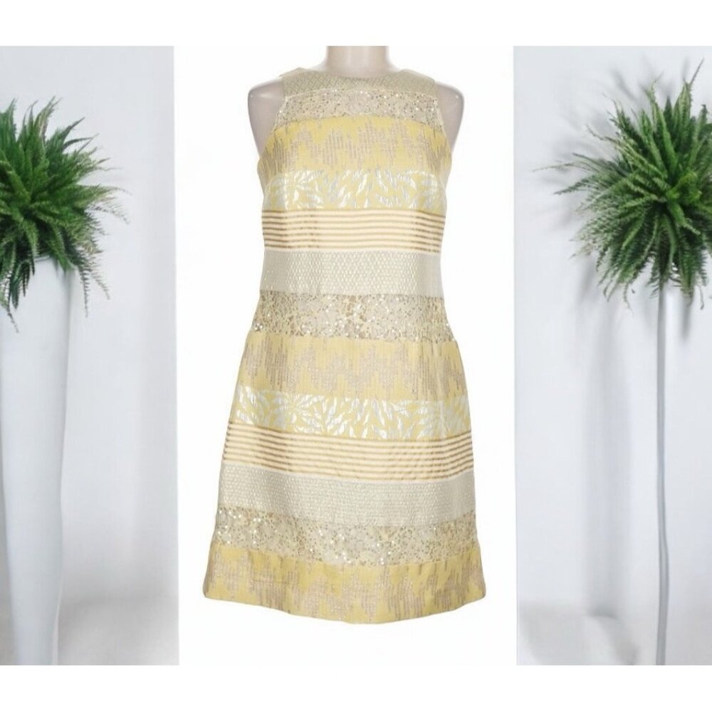 Kay Unger Women Yellow Cocktail Dress Size 6 Cutout Metallic Accents Color block